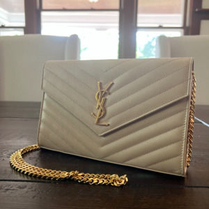 Yves Saint Laurent Monogrammed Large Grain de Poudre Wallet on Chain Dark Beige